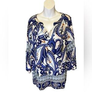 Crown & Ivy Women’s Blue Paisley V Neck Crotchet Lace Top Large